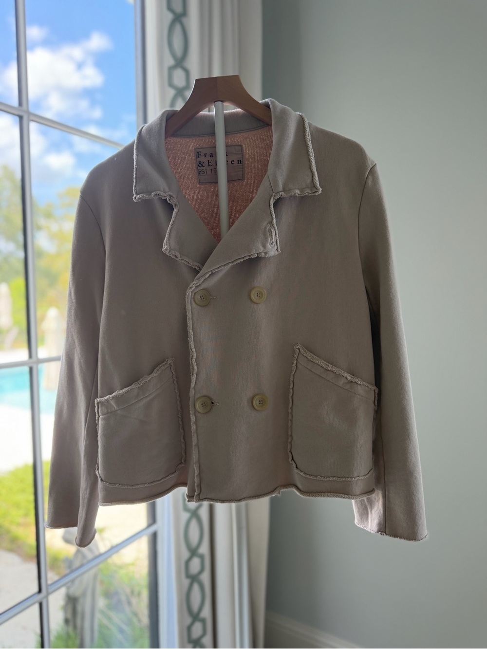 Frank & Eileen Double Breasted Knit Jacket Raw Edge Taupe